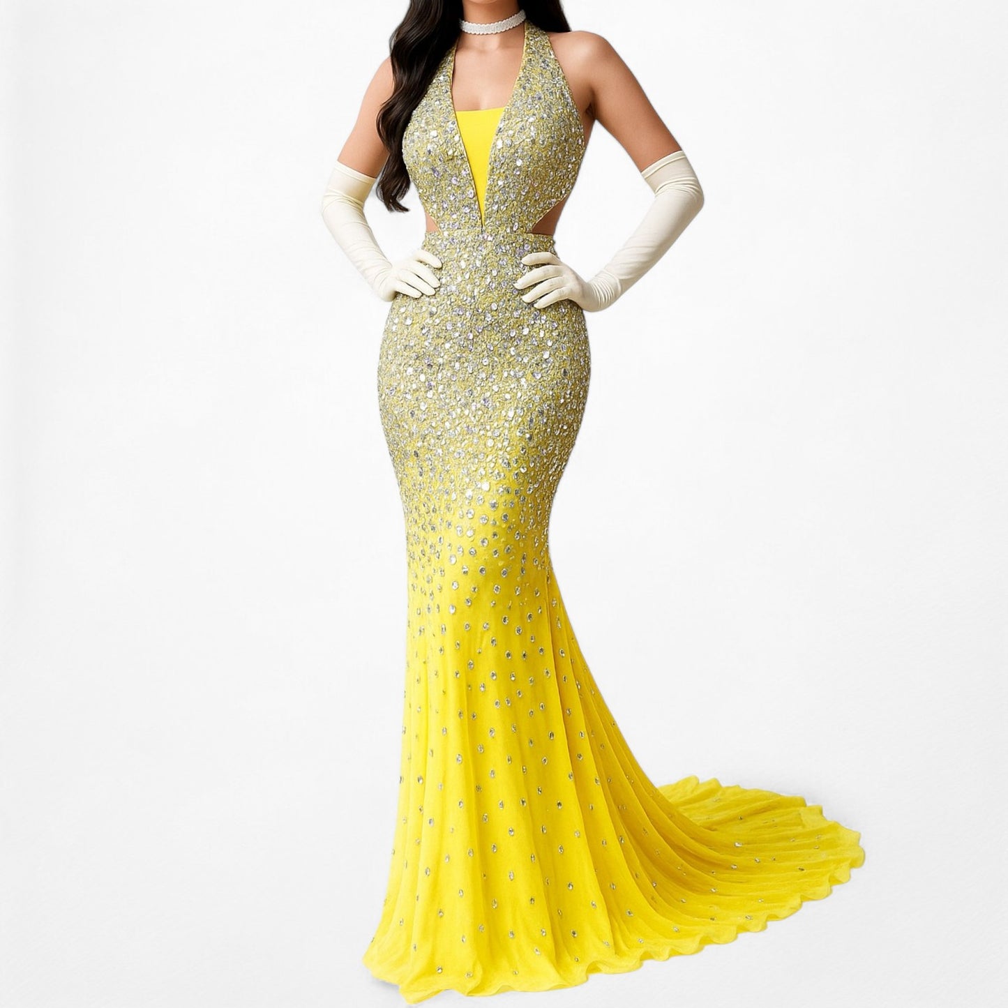 Vintage Yellow Rhinestone Beaded Cutout Maxi Prom Dress Size XS/S