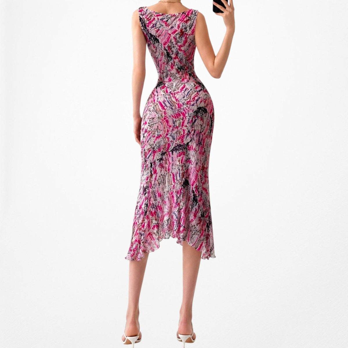Vintage Pink Silk Lace Detail Asymmetric Hem Cocktail Midi Dress Size S/M