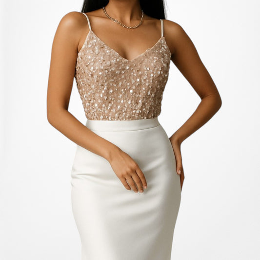 ASOS Beige Beaded Sequin Cami Bodysuit Top Size XS/S