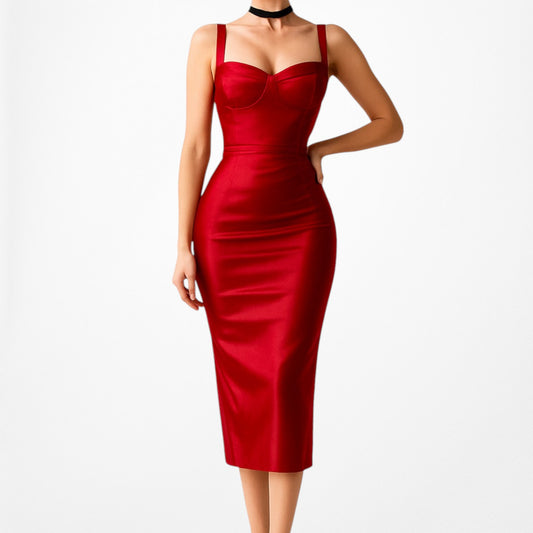 Fashion Nova Red Satin Sweetheart Corset Style Knee Length Bodycon Dress Size M
