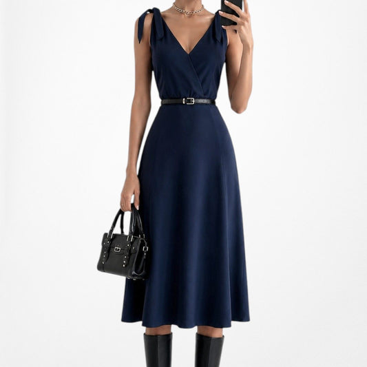 Vintage Y2K Navy Blue Knit Knee Length A-Line Wrap Flowy Cocktail Dress Size M