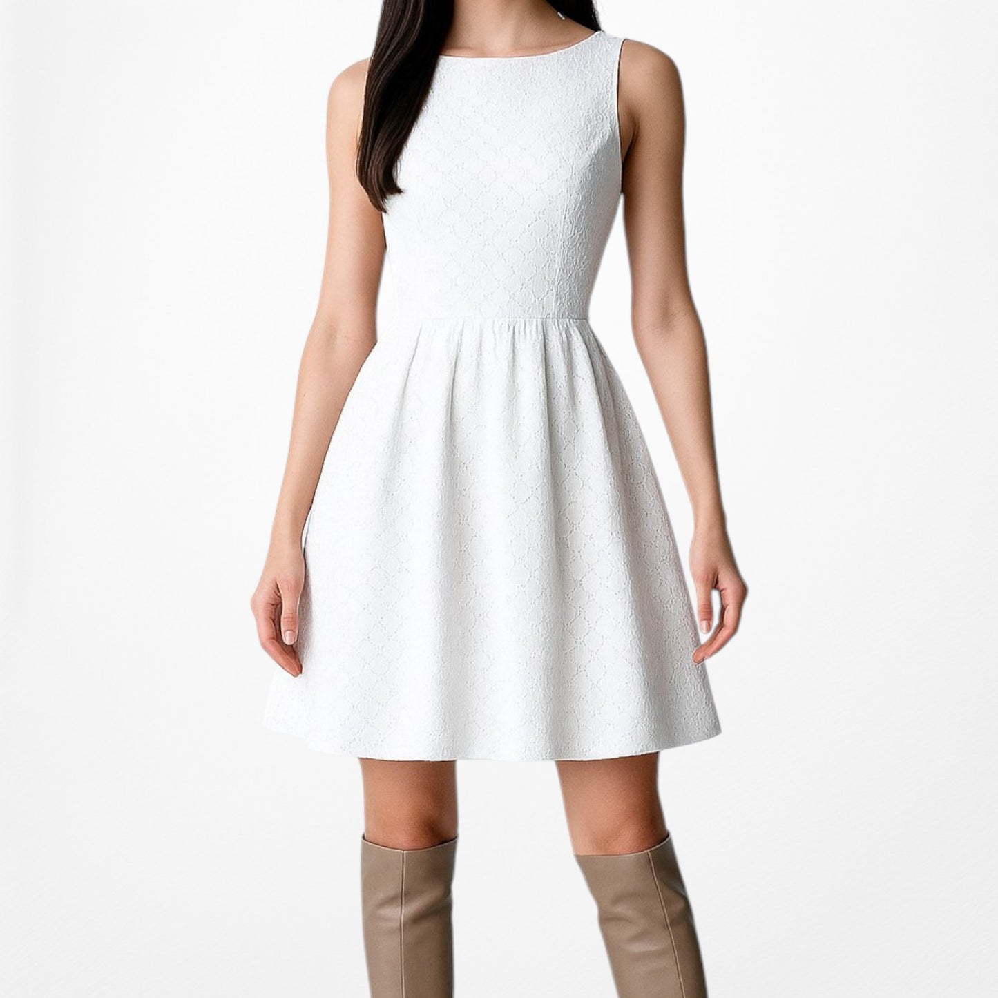 Kasper White Sleeveless Lace Pleated Knee Length Flared Skater Dress Size 4/S/M