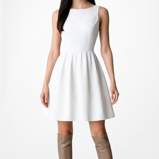 Kasper White Sleeveless Lace Pleated Knee Length Flared Skater Dress Size 4/S/M