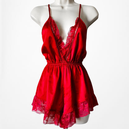 Missguided Red Satin Lace Trim Lingerie Inspired Romper Dress Size S