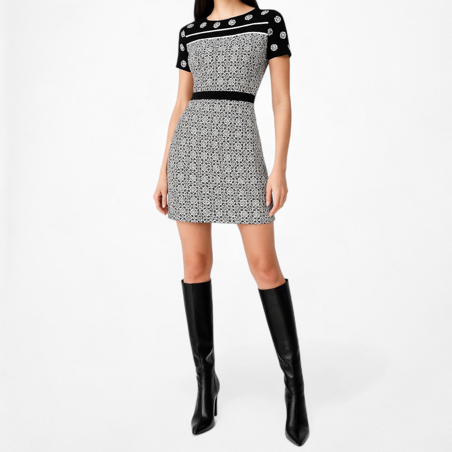 Loft Black White Printed Short Sleeve Knit Fit Flared Knee Length Dress Size M