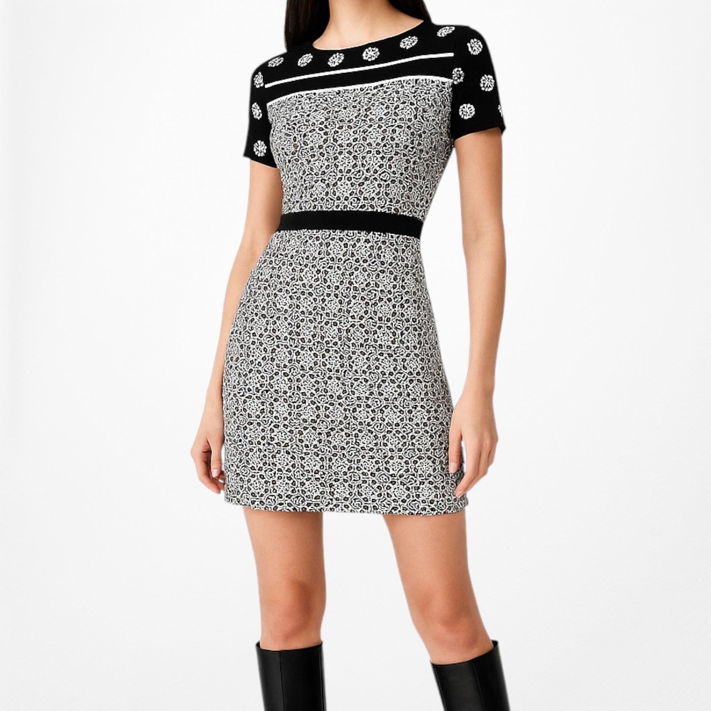 Loft Black White Printed Short Sleeve Knit Fit Flared Knee Length Dress Size M