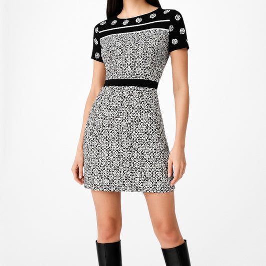 Loft Black White Printed Short Sleeve Knit Fit Flared Knee Length Dress Size M