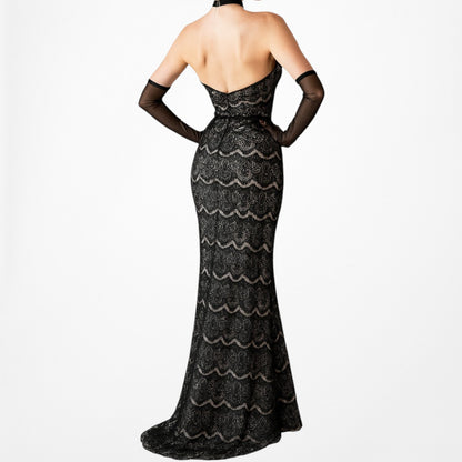 Vintage Black Strapless Lace Bodycon Side Slit Maxi Prom Dress Size XS