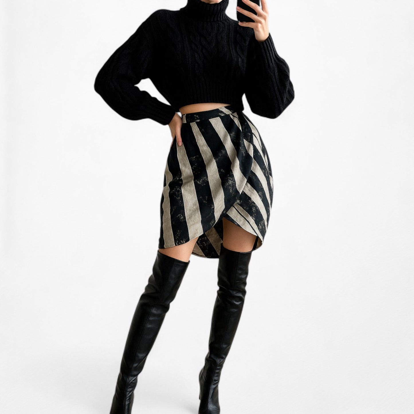 H&M Navy Blue Beige Striped Asymmetric High Waisted Wrap Mini Skirt Size XS