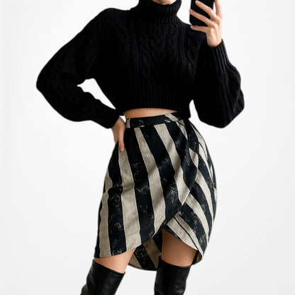 H&M Navy Blue Beige Striped Asymmetric High Waisted Wrap Mini Skirt Size XS