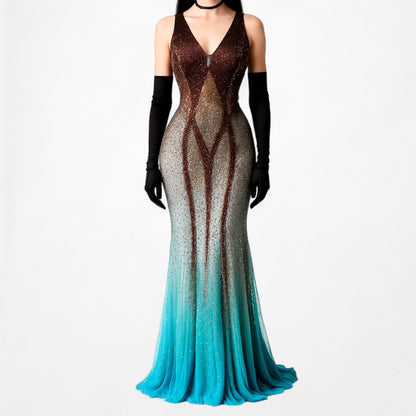 Vintage Blue Brown Silk Beaded Maxi Bodycon Formal Cocktail Prom Dress Size S