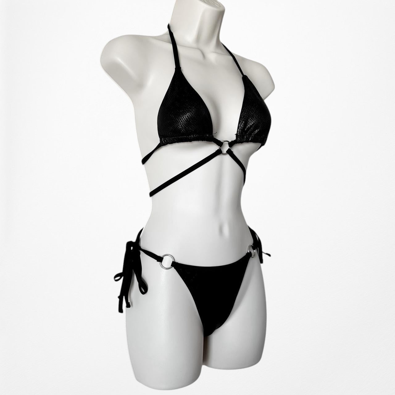 Black Snake Print Two Piece Strappy Cutout Bikini Swim Bathing Suit Size S