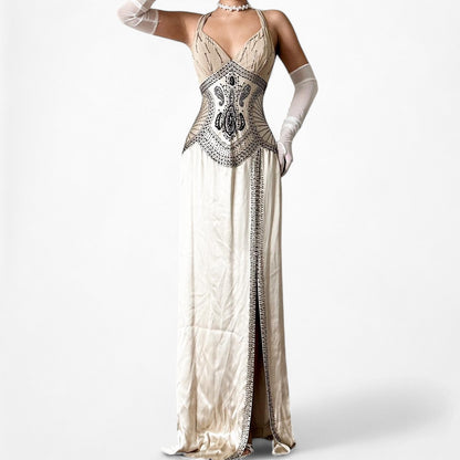 Vintage Ivory Beige Silk Beaded Bodycon Side Slit Maxi Prom Dress Size S/M