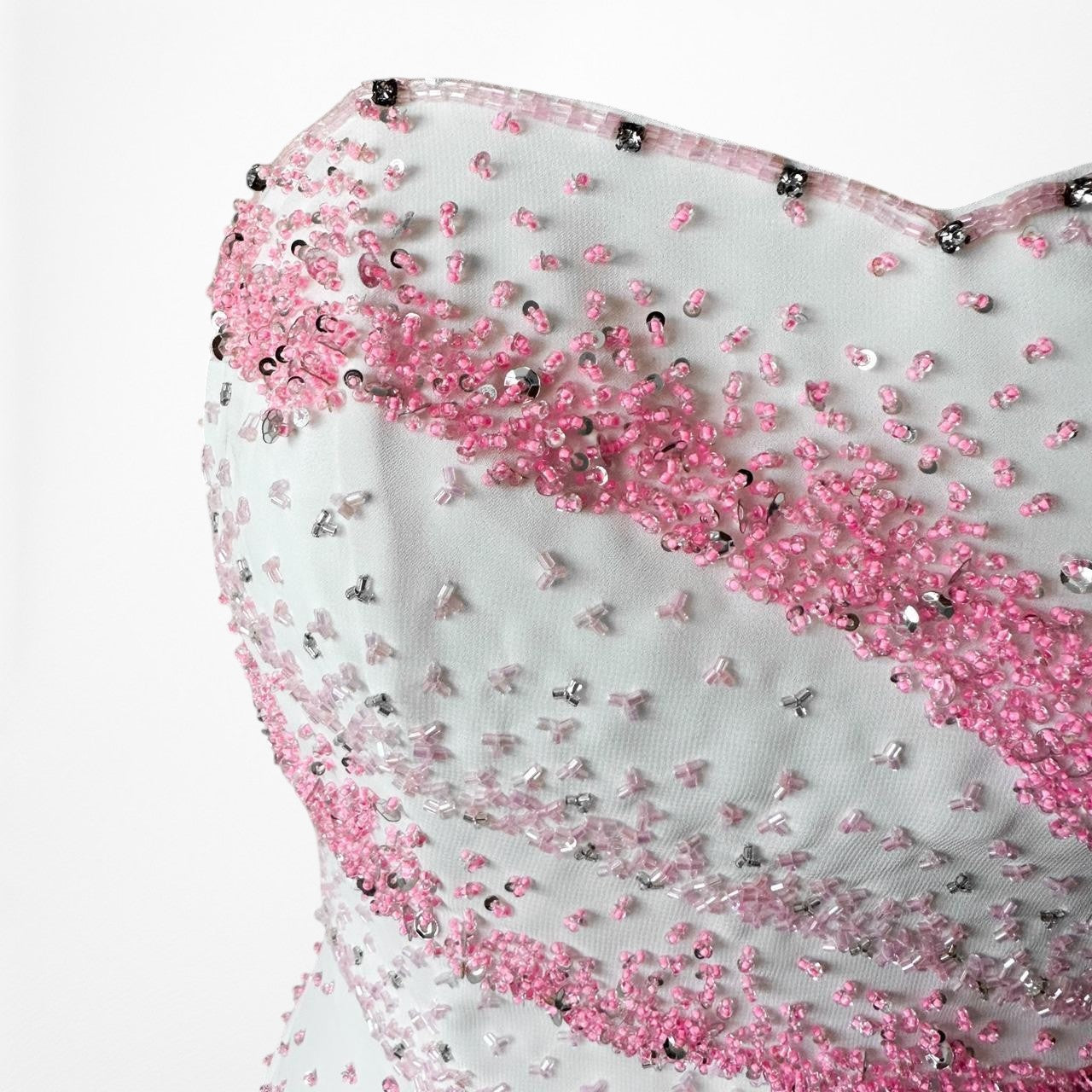 Vintage White Pink Beaded Strapless Bodycon Maxi Prom Dress Size S/M