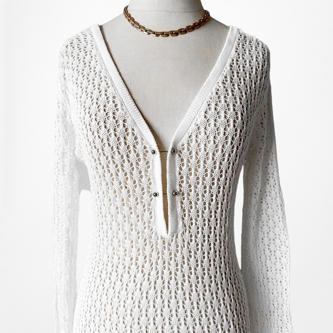 Off White Mesh Sheer Long Bell Sleeves Maxi Bodycon Beach Coverup Dress Size M/L