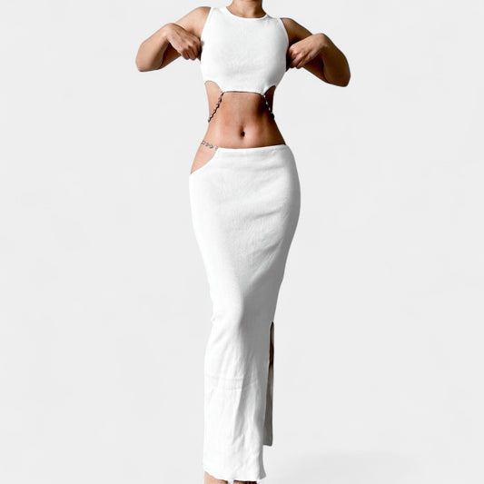 Zara White Knit Rhinestone Crop Top Maxi Pencil Side Slit Skirt Two Piece Set