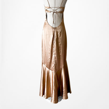 Vintage Brown Silk Beaded Flared Side Slit High Low Maxi Prom Dress Size S/M