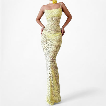 White Fox Boutique Yellow Sheer Lace Maxi Bodycon Dress Flower Neck Tie Size XS