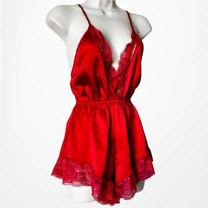 Missguided Red Satin Lace Trim Lingerie Inspired Romper Dress Size S