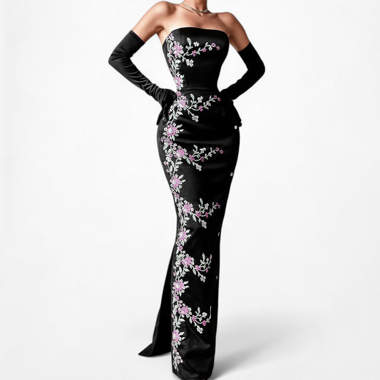 Vintage Black Strapless Floral Embroidered Satin Maxi Bodycon Prom Dress Size M