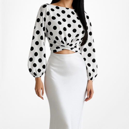 Bershka White Black Polka Dot Long Puffy Sleeve Pleated Crop Top Size XS/S