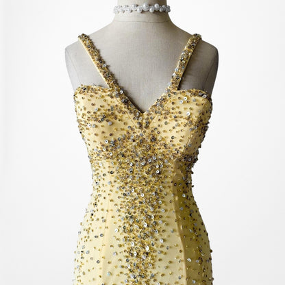Vintage Yellow Beaded Mesh Bodycon Maxi Prom Dress Size XS/S
