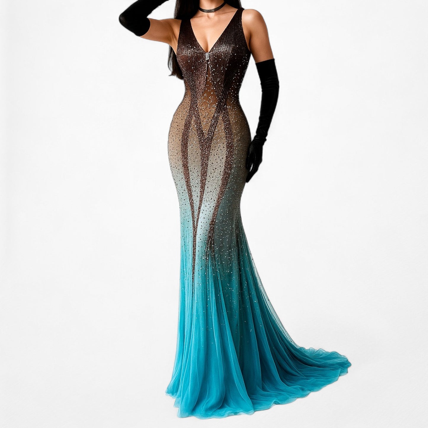 Vintage Blue Brown Silk Beaded Maxi Bodycon Formal Cocktail Prom Dress Size S