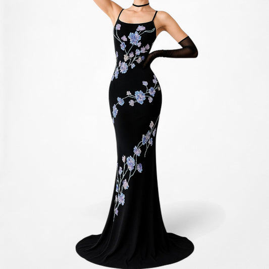 Vintage Black Blue Purple Floral Beaded Knit Maxi Bodycon Cocktail Prom Dress Size S/M