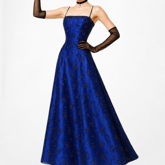 Vintage Blue Black Mesh Velvet Beaded Flared Maxi Prom Dress Size M