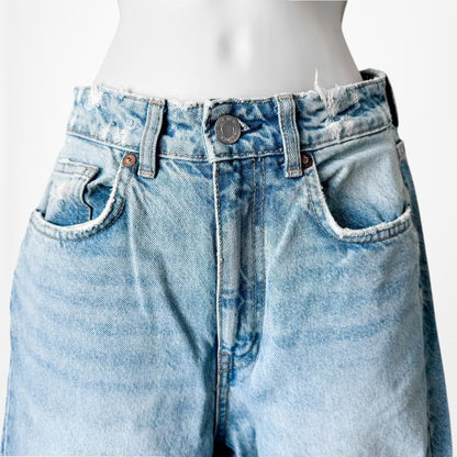 Zara Blue Distressed Destroyed Medium Wash Ripped Knee High Waisted Mom Jeans XS