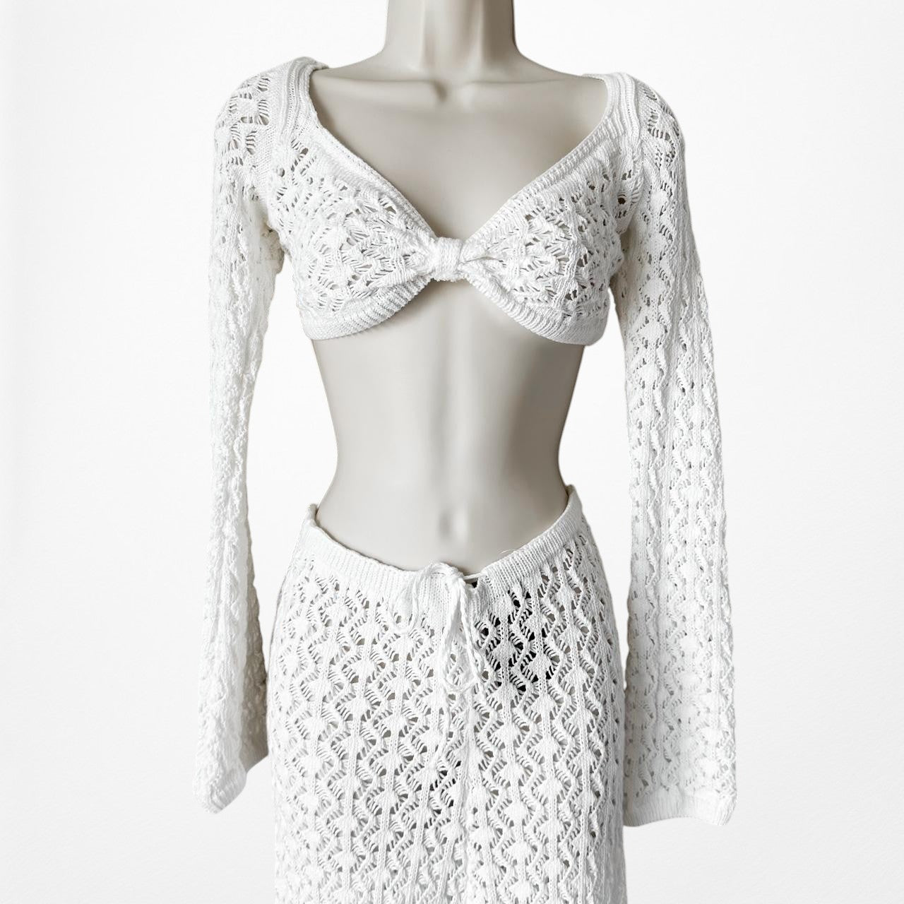 Nakd White Crochet Long Sleeve Crop Top Flared Pants Two Piece Set Size XS/S