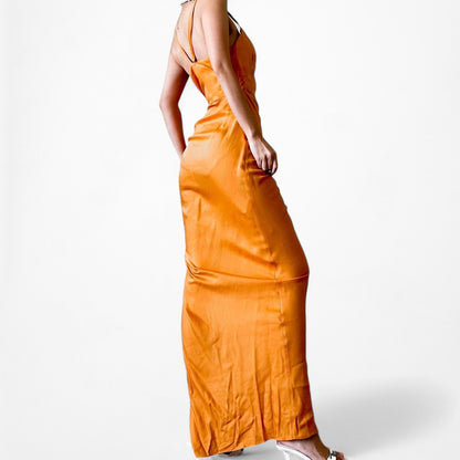 Zara Orange Ruched Pleated Side Slit Maxi Bodycon Linen Dress Size XS/S