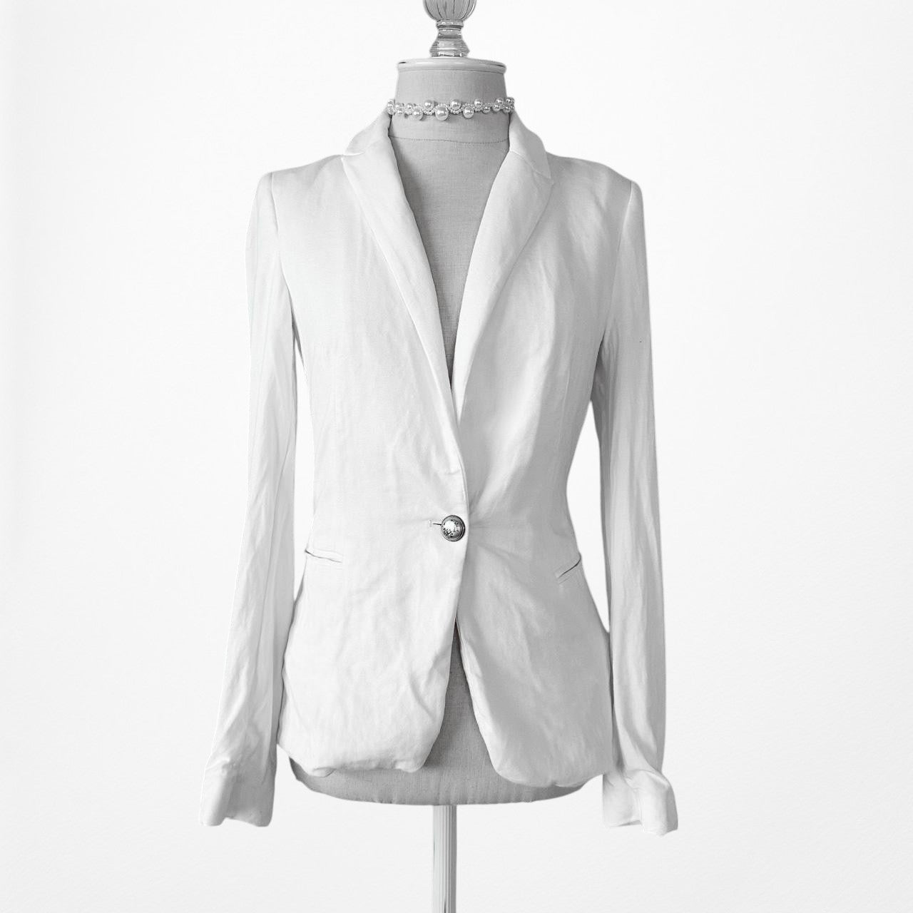 Zara White Shoulder Padded Button Front Knit Blazer Jacket Size XS