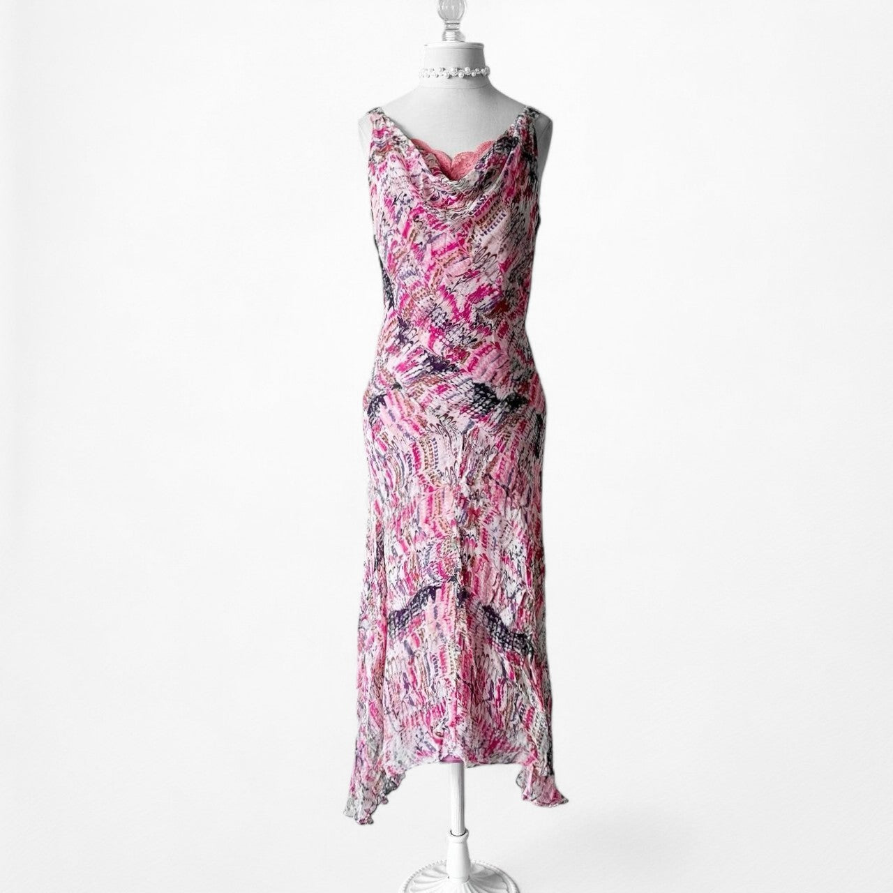 Vintage Pink Silk Lace Detail Asymmetric Hem Cocktail Midi Dress Size S/M