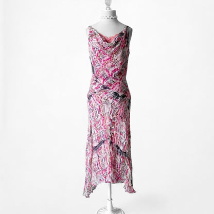 Vintage Pink Silk Lace Detail Asymmetric Hem Cocktail Midi Dress Size S/M