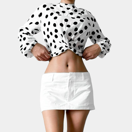 Bershka White Black Polka Dot Long Puffy Sleeve Pleated Crop Top Size XS/S