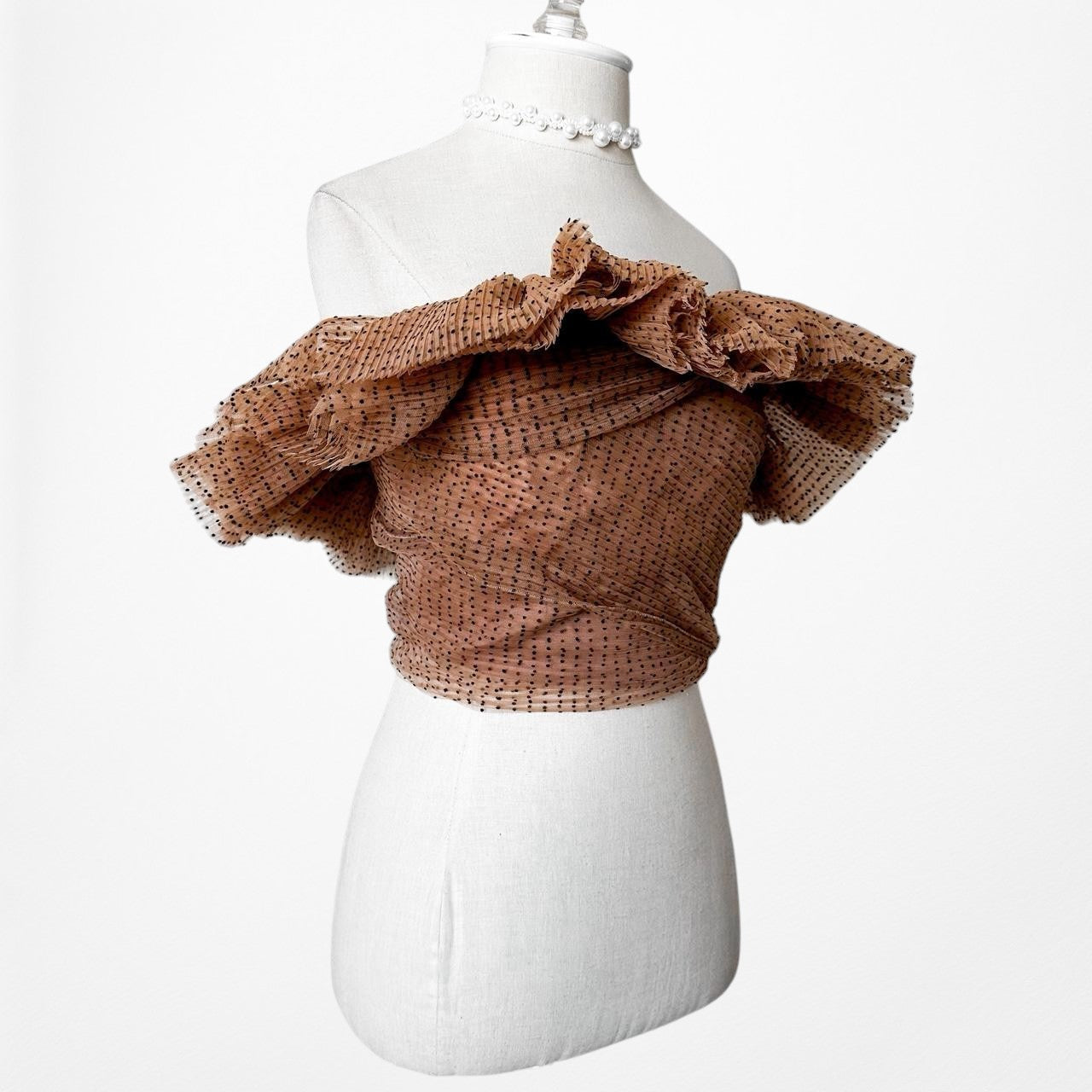 Zara Brown Polka Dot Off The Shoulder Tulle Flared Crop Top Size XS/S