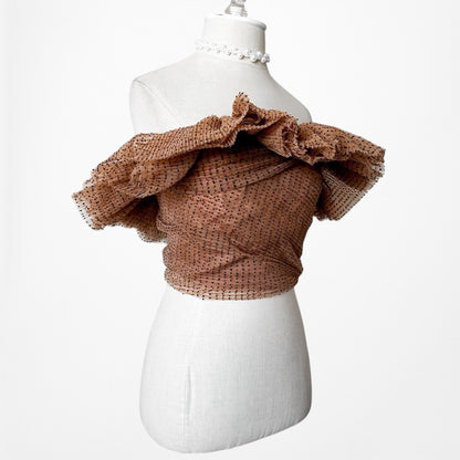 Zara Brown Polka Dot Off The Shoulder Tulle Flared Crop Top Size XS/S