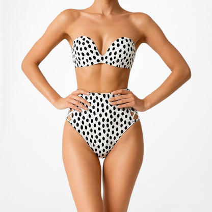 White Black Polka Dot High Waisted Cutout Strapless Two Piece Swimsuit Size XS/S