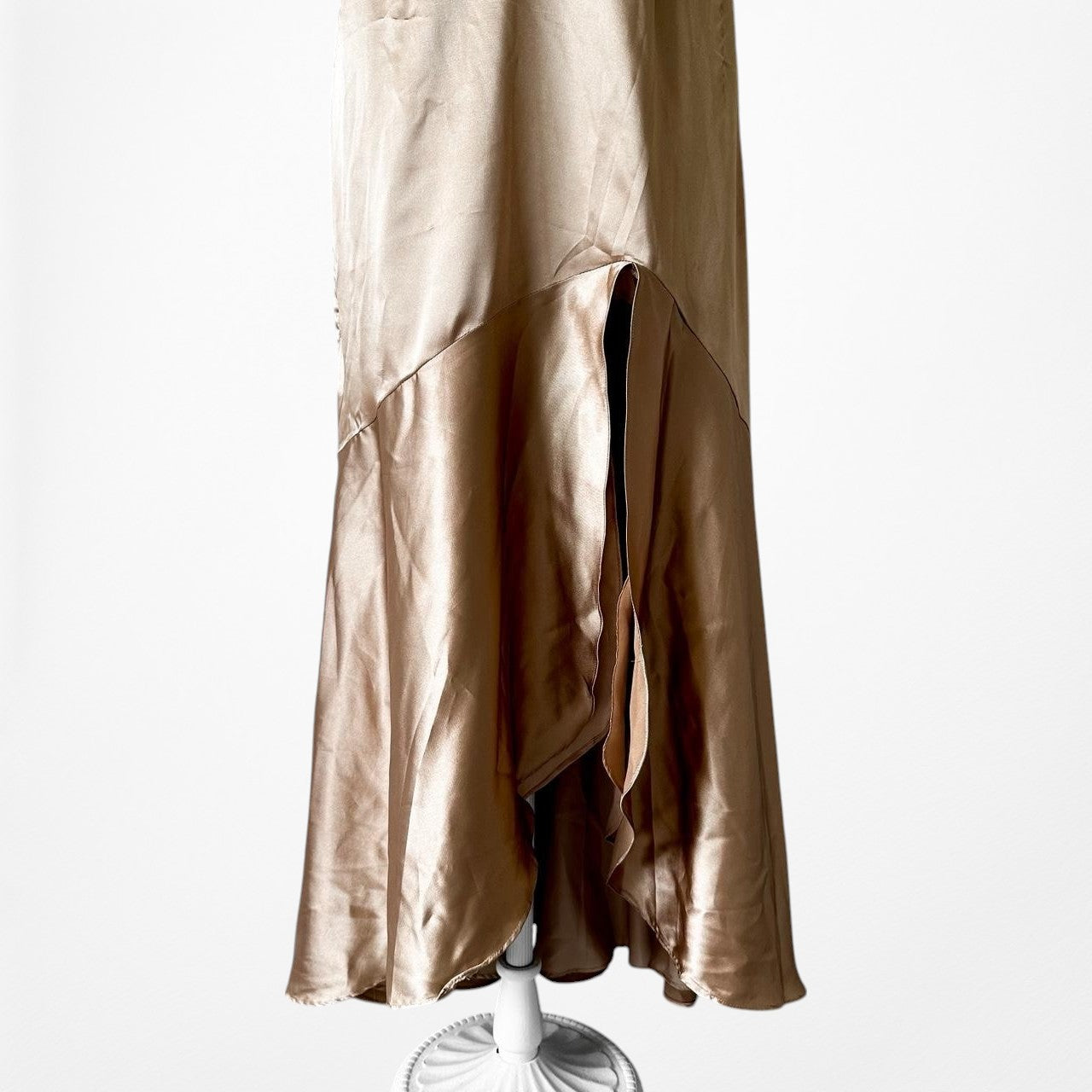 Vintage Brown Silk Beaded Flared Side Slit High Low Maxi Prom Dress Size S/M