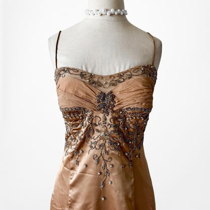 Vintage Brown Silk Beaded Flared Side Slit High Low Maxi Prom Dress Size S/M