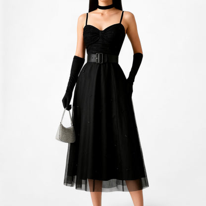 Evan Picone Black Sweetheart Sequin Mesh Midi Flared Skater A-Line Dress 6/S