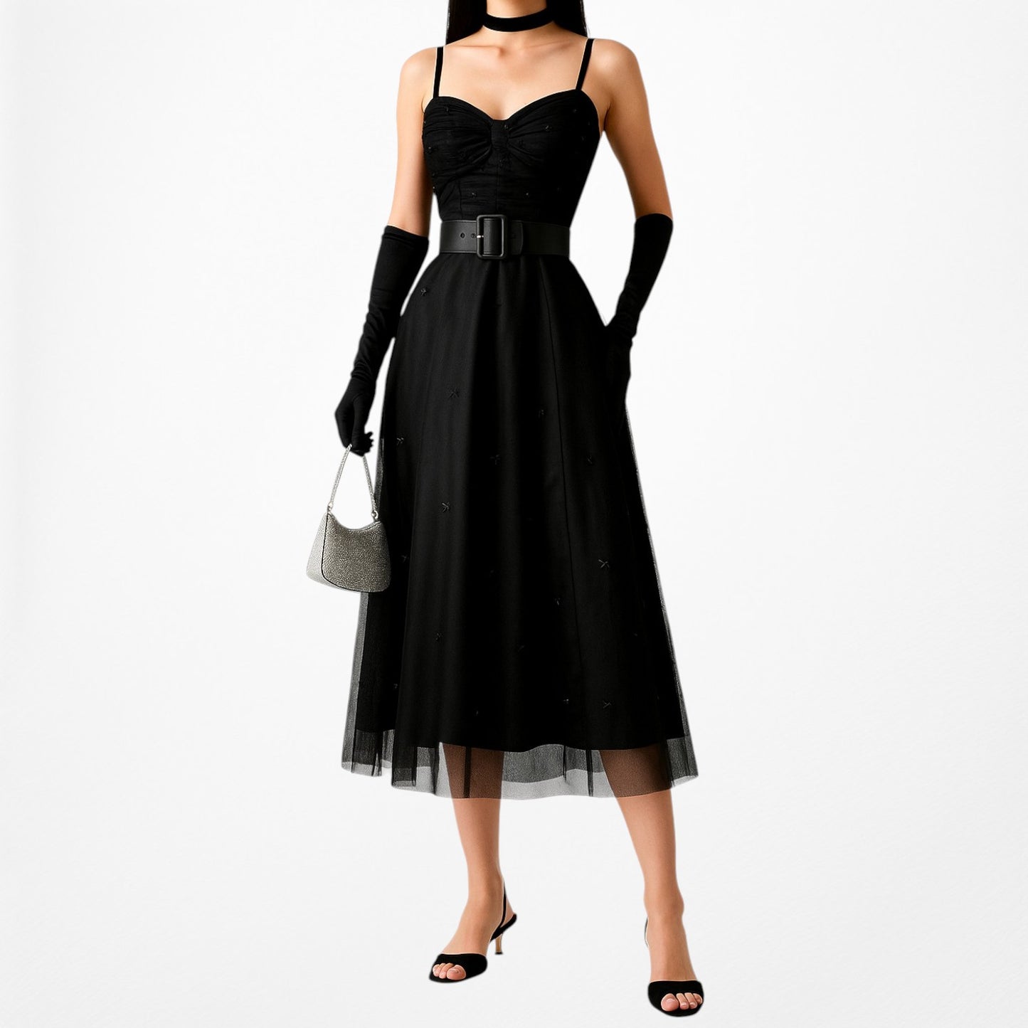 Evan Picone Black Sweetheart Sequin Mesh Midi Flared Skater A-Line Dress 6/S