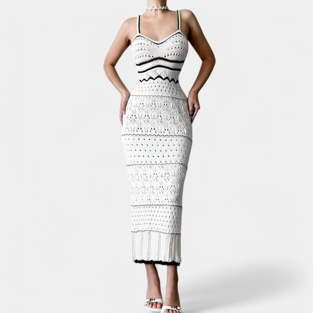 Black White Crochet Knit Bodycon Striped Midi Dress Size S