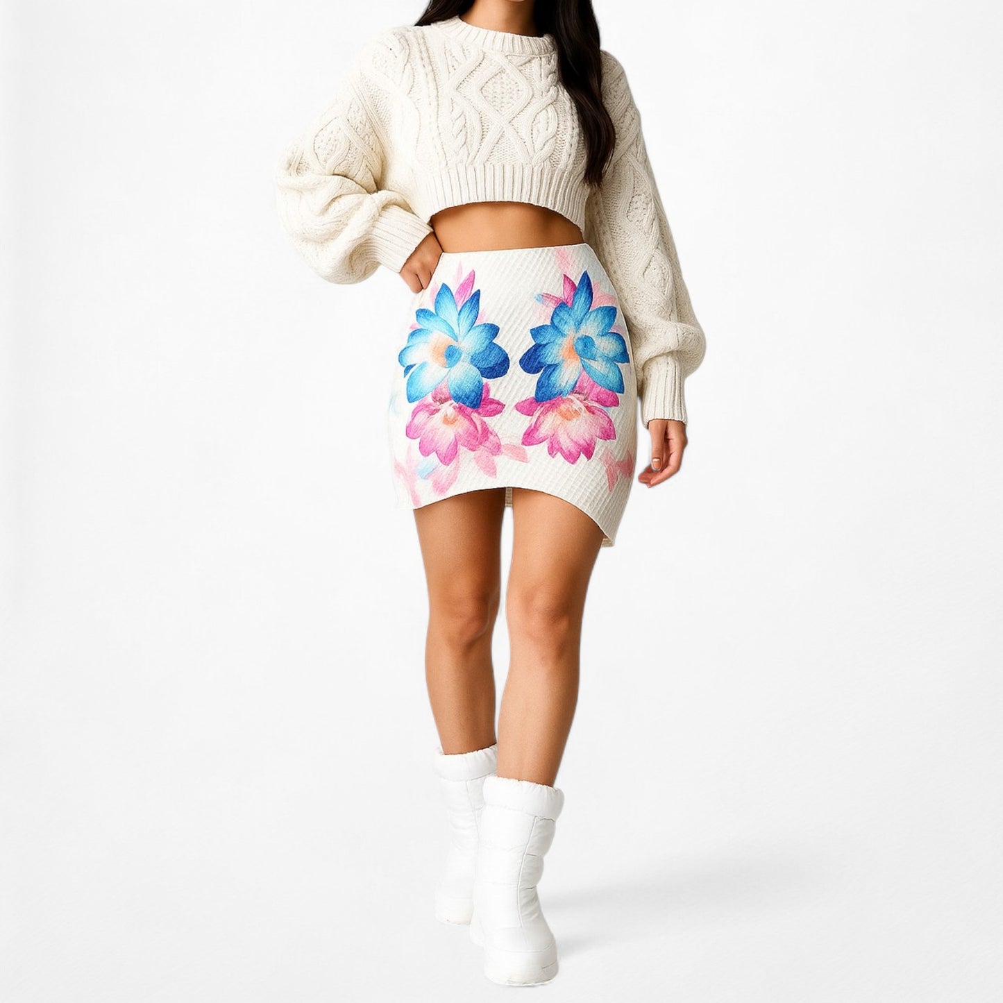 White Blue Pink Knit Floral Mini Bodycon Asymmetric High Waisted Skirt S