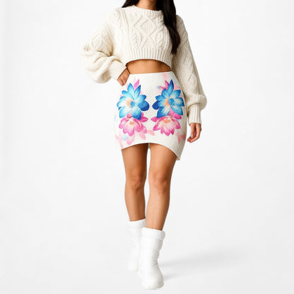 White Blue Pink Knit Floral Mini Bodycon Asymmetric High Waisted Skirt S