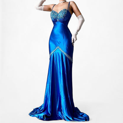 Vintage Blue Satin Fit Flared Beaded Maxi Prom Dress Size S/M