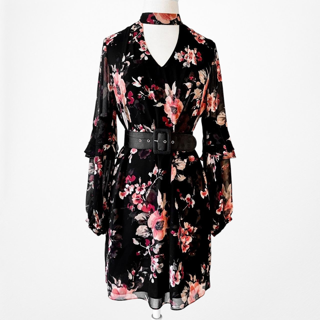 White House Black Market Floral Long Sleeve Ruffle Shift Tunic Dress Size M