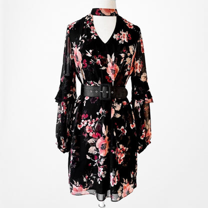 White House Black Market Floral Long Sleeve Ruffle Shift Tunic Dress Size M