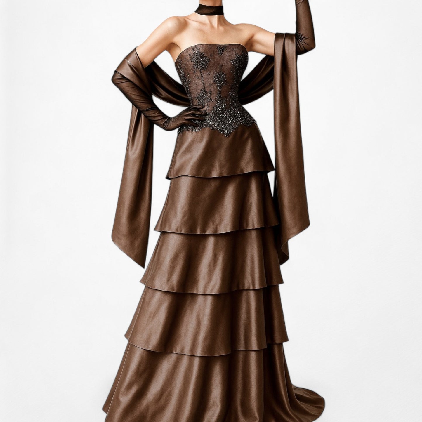 Vintage Brown Silk Strapless Beaded Mesh Ruffle Flared Prom Dress Size M